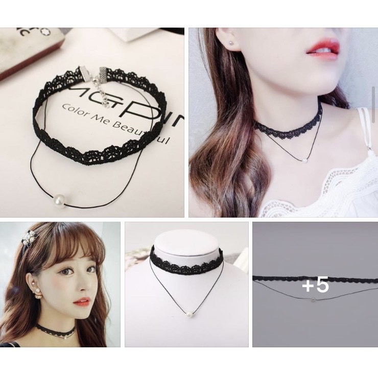 Vòng cổ choker ren phối dây đính hạt thời trang