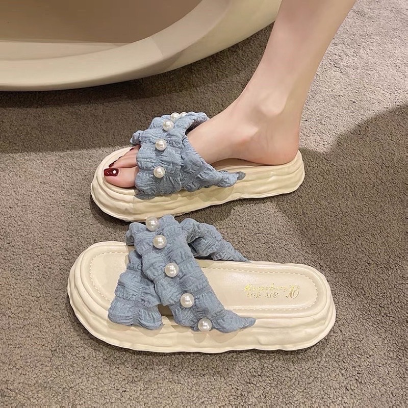 FREESHIP DÉP NỮ QUAI BÈO ĐÍNH NGỌC ĐẾ BÁNH MỲ CAO 3P ÊM CHÂN