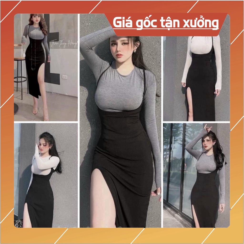 Sét áo dài tay cổ vo tròn phối đầm yếm 2 dây xẻ tà from dáng ôm body xa hoa thời trang dành cho phái đẹp cho quý bà dự t