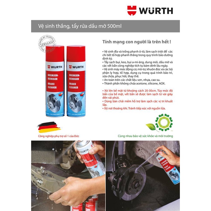 Wurth Chính hãng Chất vệ sinh thắng, tẩy rửa dầu mỡ 500ml W-1087 chăm sóc ô tô xe máy vệ sinh động cơ
