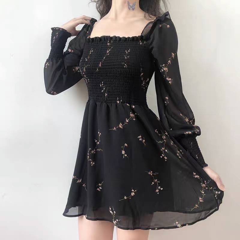 ORDER🎀Váy bánh bèo voan hoa nhí trễ vai ôm ngực 2 lớp hot trend|Đầm xoè ulzzang tay phồng Hàn Quốc dự tiệc du lịch