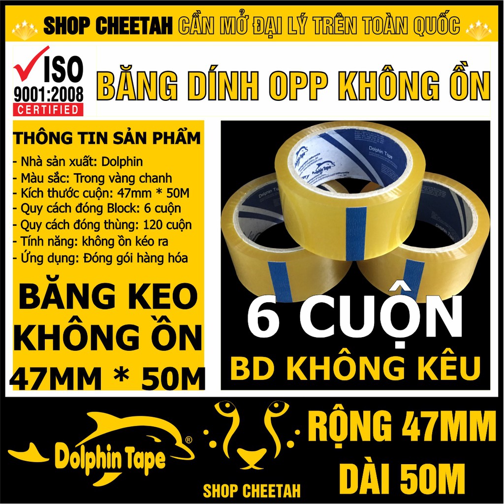 6 cuộn BD không kêu Dolphin – Kích thước: 47mm x 50M - Băng dính đóng gói không ồn khi sử dụng – Chuyên đóng thùng bìa C