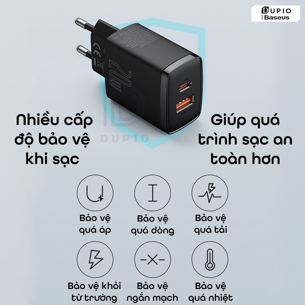 Bộ cóc củ DUPIO Baseus CS02 usb type-c pd 20w 18w sạc nhanh 2 ngõ ra nhiều cấp bảo vệ tiện lợi nhỏ gọn