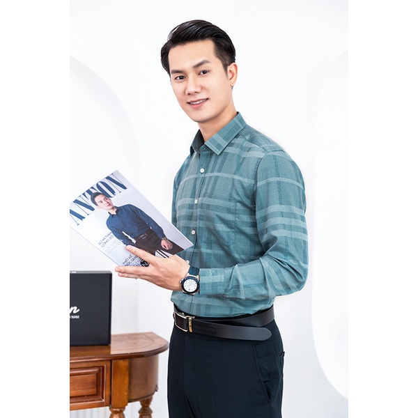 Áo Sơ Mi Nam Công Sở Trung Niên Anton Màu Xanh Lục Kẻ Caro Dài Tay Vải Sợi Tre Thấm Hút Mồ Hôi - YAT204