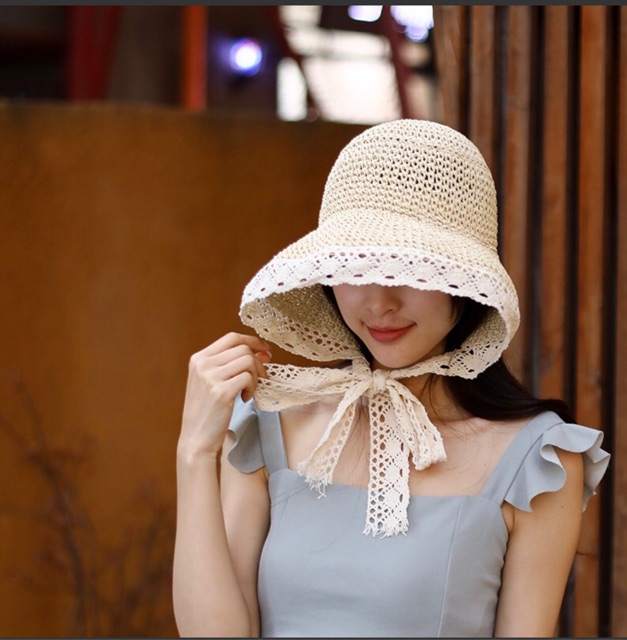 Nón cối vành ren phối dây thắt cực xinh xắn