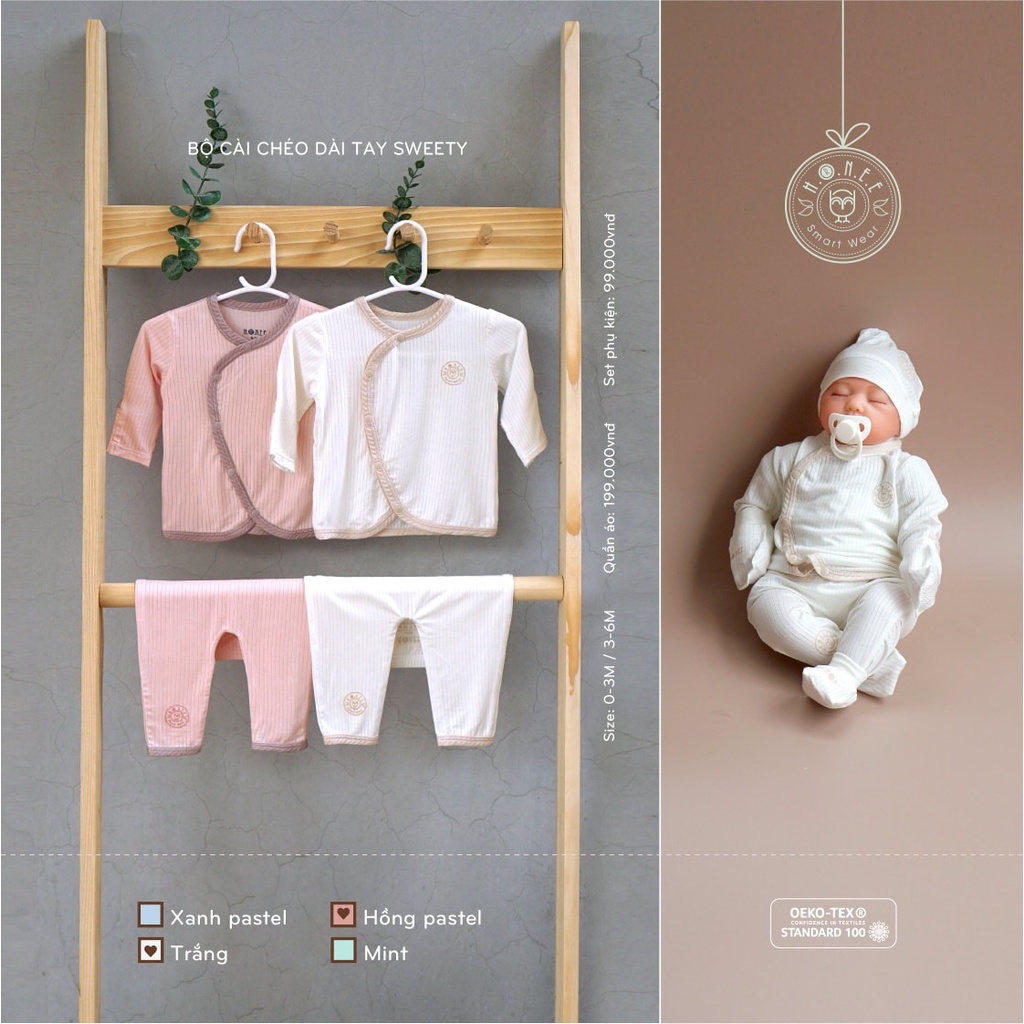 Bộ cài chéo dài tay sweety sơ sinh bé trai bé gái hrnee