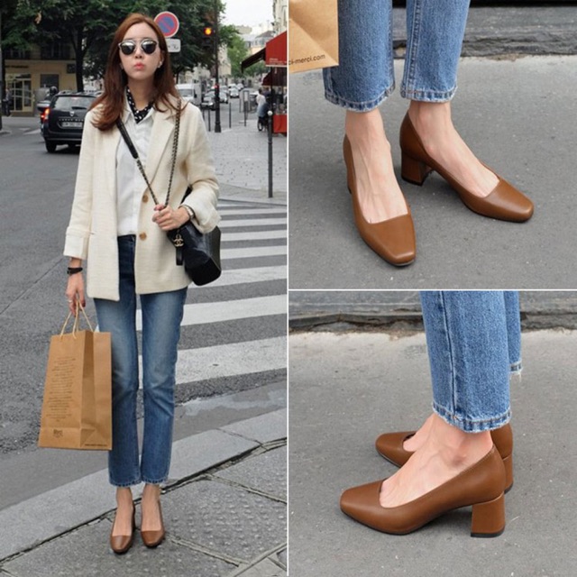 Giày Da gót vuông 5 phân basic Vintage - Ord