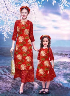 SET ÁO DÀI BÉ VÀ MẸ IN HOA