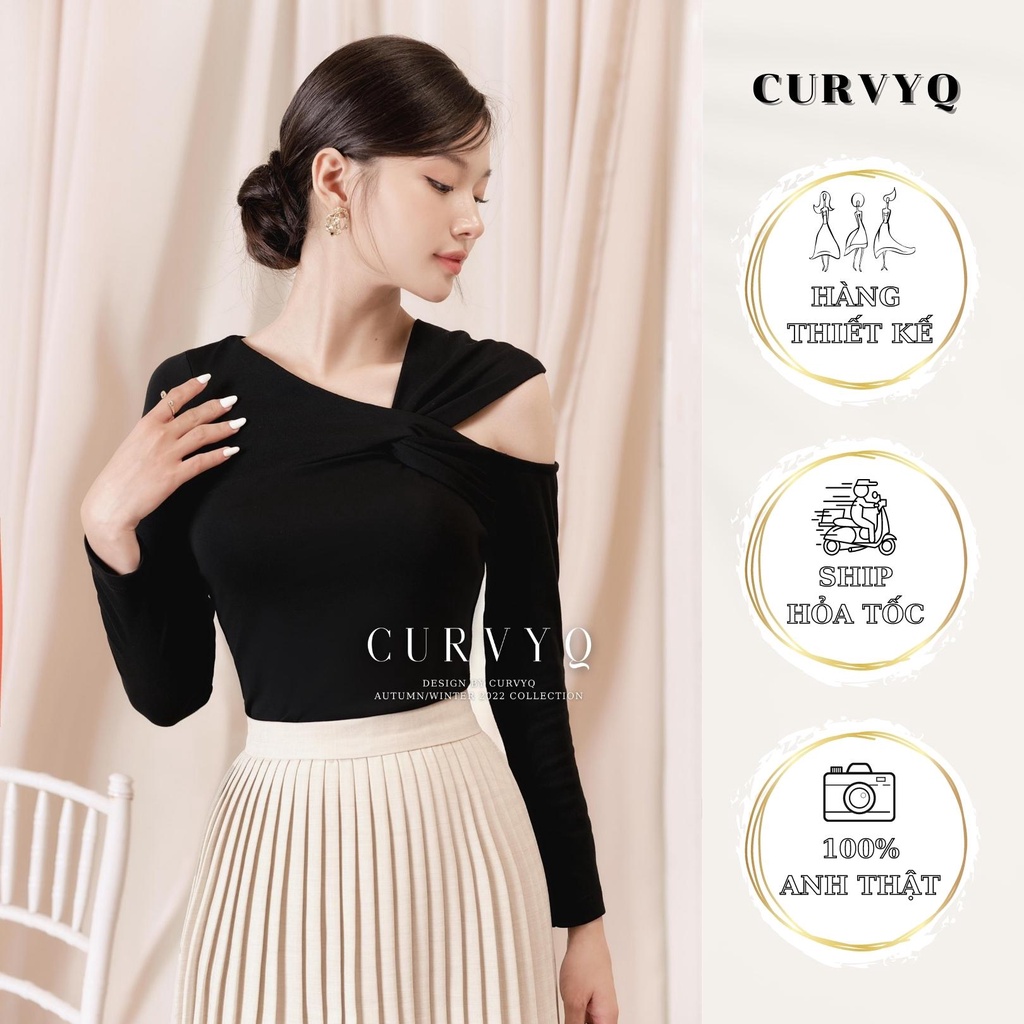 Áo Thun Dài Tay Xoắn Lệch Vai Mặc Hai Kiểu Trễ Hở Vai Co Giãn Thời Trang Thiết Kế CurvyQ