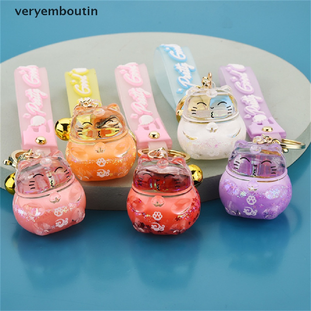 【in】 Cartoon Transparent Lucky Cat Keychain Creative Acrylic Floating Bottle Keychain .