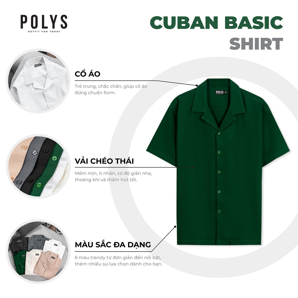 Áo sơ mi nam POLYS Fullbox, Vải Chéo Thái 6 Màu dày dặn, co giãn, thoáng khí. Áo sơ mi tay ngắn Cổ Vest CUBAN SHIRT