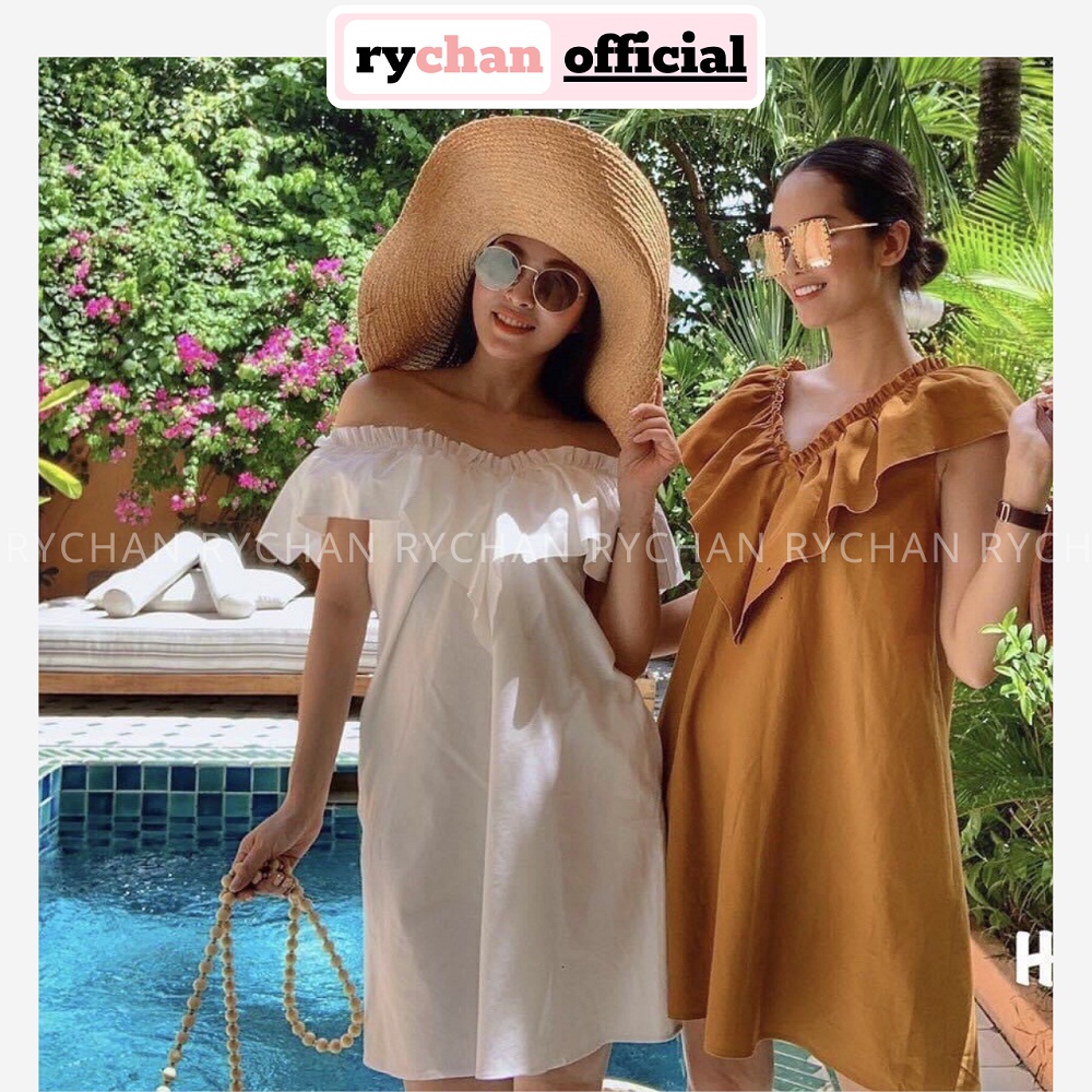 Đầm Suông Đi Biển Phối Bèo 2 Màu Trắng Nude Mang Được 2 Kiểu - DS0076