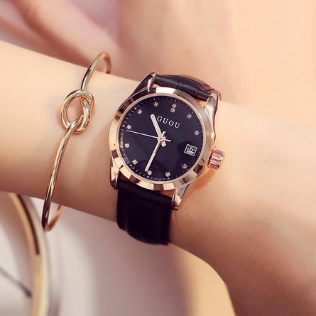 Đồng hồ nữ Guou dây da đen mặt số ngọc viền mạ vàng chính hãng chống nước giá rẻ | WebRaoVat - webraovat.net.vn