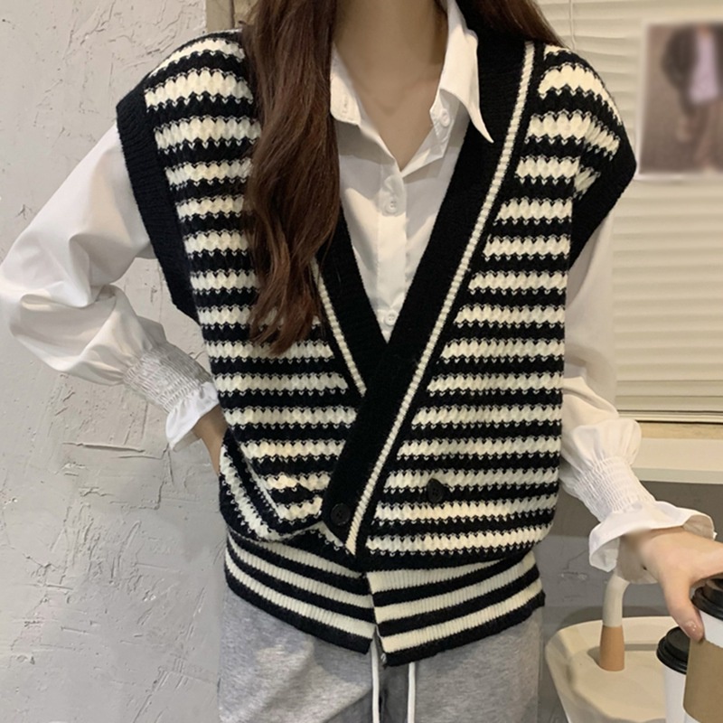 Áo Cardigan Dệt Kim Không Tay Hoạ Tiết Kẻ Sọc Phong Cách Retro | BigBuy360 - bigbuy360.vn