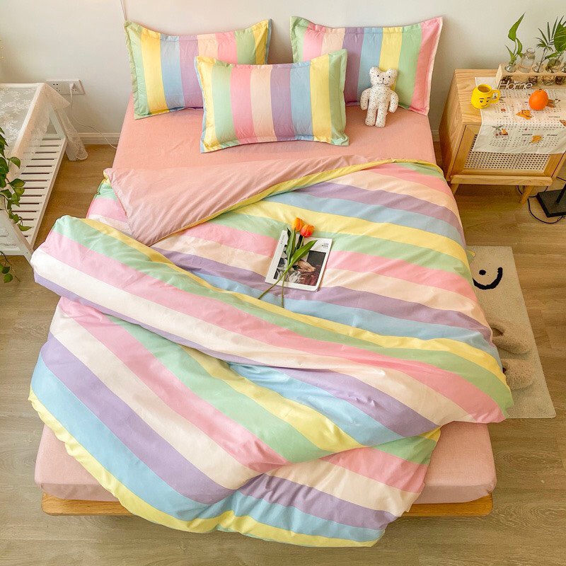 Bộ chăn ga Cotton Poly HL bedding chăn ga Hàn Quốc Bảy sắc cầu vồng đủ size miễn phí bo chun