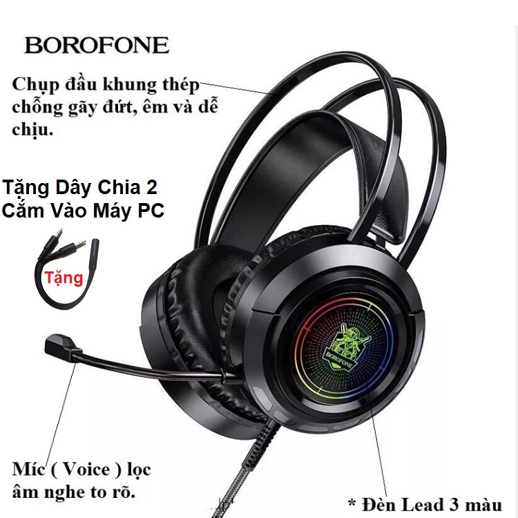 Tai Nghe Chụp Tai Có Dây Cho Game thủ BOROFONE BO103, Chống Ồn, Hiệu Ứng LED đẹp mắt, Jack USB và 3.5mm - Bảo Hành 12T