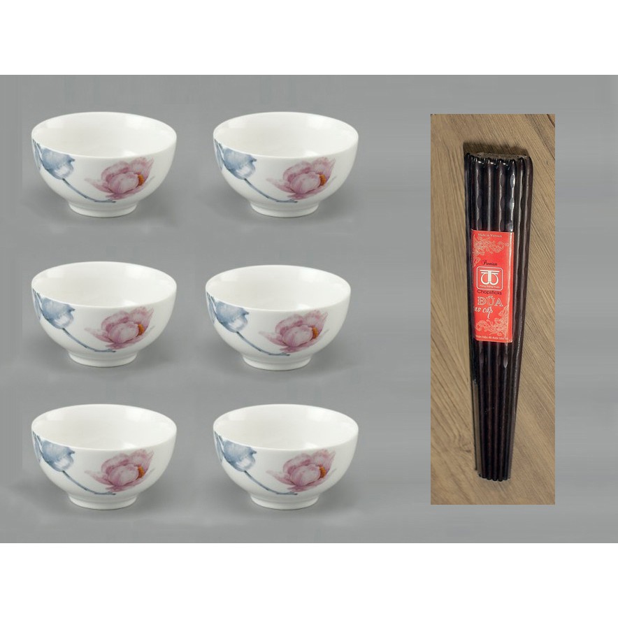 BỘ 6 BÁT CƠM BÁT SỨ CAO CẤP VÀ 6 ĐÔI ĐŨA ĐẸP ĐŨA SẠCH GỖ TRẮC