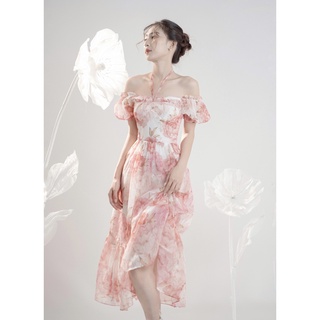 COQUI - Đầm dài voan hoa trễ vai tay phồng cột dây - Lela Dress
