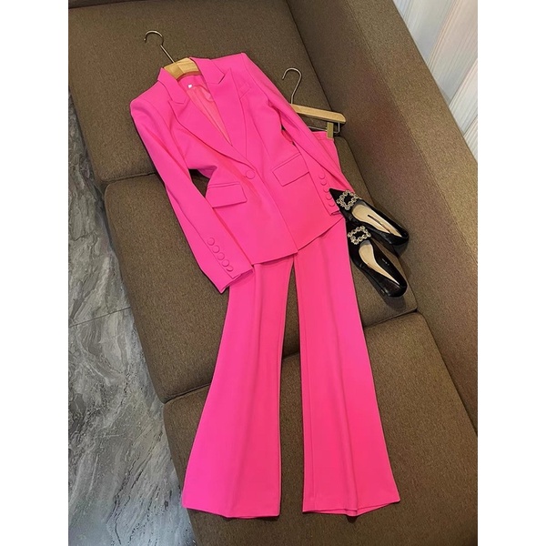 Set Vest nữ áo blazer nữ, quần ống loe nữ cạp nhỏ màu hồng sen QUYNH Design AV001