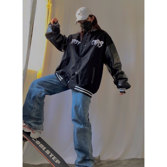 Áo Khoác Bomber Phối Tay Da - Video + Ảnh Thật size L XL XXL ( 45-95Kg )