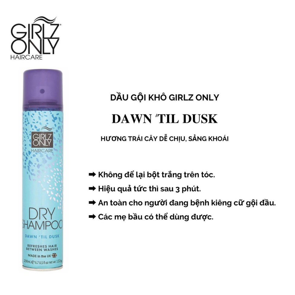 Dầu Gội Khô Girlz Only dry shampoo Party Nights / Dawn 'Til Dusk / Dazzling Volume / No Residue Nude 100ml, 200ml