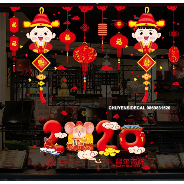 COMBO Decal dán Tết - Rèm lồng đen phối Trai gái kết hợp 2020 ( 3 tấm )