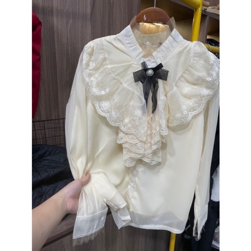 [Mã FAMARAL1 giảm 10K đơn 50K] Áo SƠ MI nữ CỔ REN TIỂU THƯ phối nơ m114
