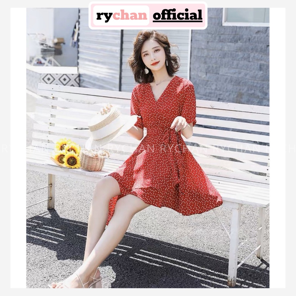 Đầm Xòe Đắp Chéo Nơ Eo Bi Đỏ Cổ V Tay Ngắn Đi Du Lịch - DX778