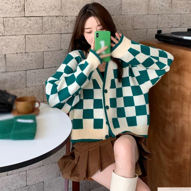 Áo khoác cardigan tay dài cổ chữ V thiết kế dáng rộng thoải mái