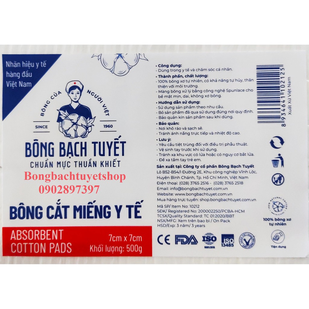 Bông Cắt Miếng sẵn 500gr/ gói ( size 5x5 / 7x7 / 10x10 ) - Hàng chính hãng Bông Bạch Tuyết