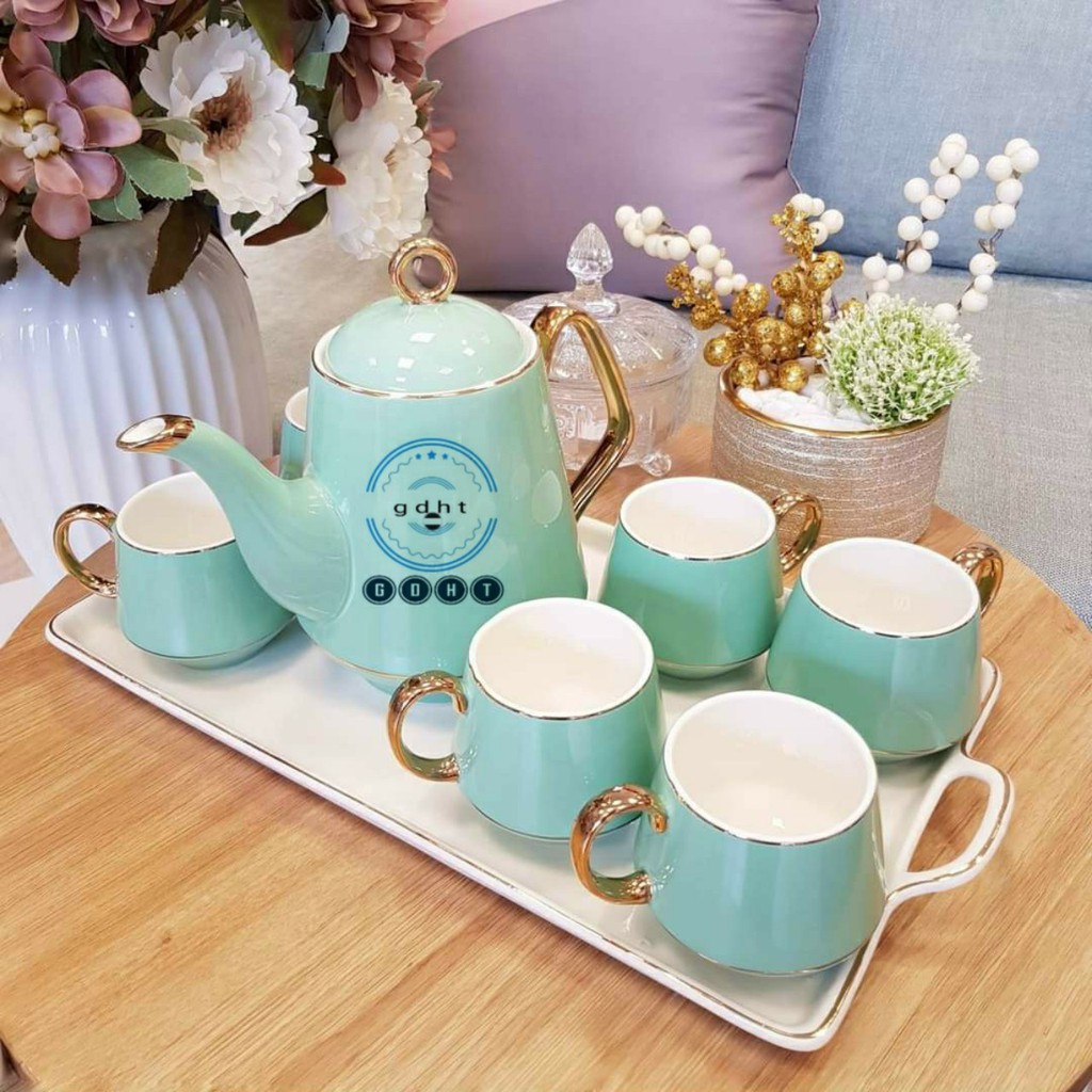 [ ảnh thật ] BỘ ẤM CHÉN XANH NGỌC KÈM KHAY SỨ CAMELIA