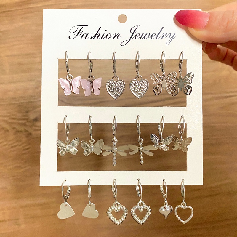 Set 9 Đôi Bông Tai Mạ Vàng Hình Bướm / Trái Tim Đơn Giản Thời Trang Âu Mỹ