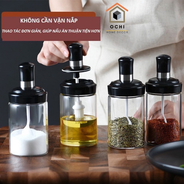 Lọ Đựng Gia Vị Dầu Ăn, Hũ Nước Chấm Bằng Thủy Tinh Trong Suốt Kèm Muỗng Tiện Lợi