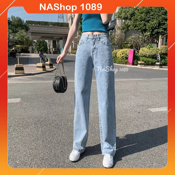 Quần jean bò ống xuông rộng kiểu dáng vintage màu xanh nhạt QT25 nashop1089