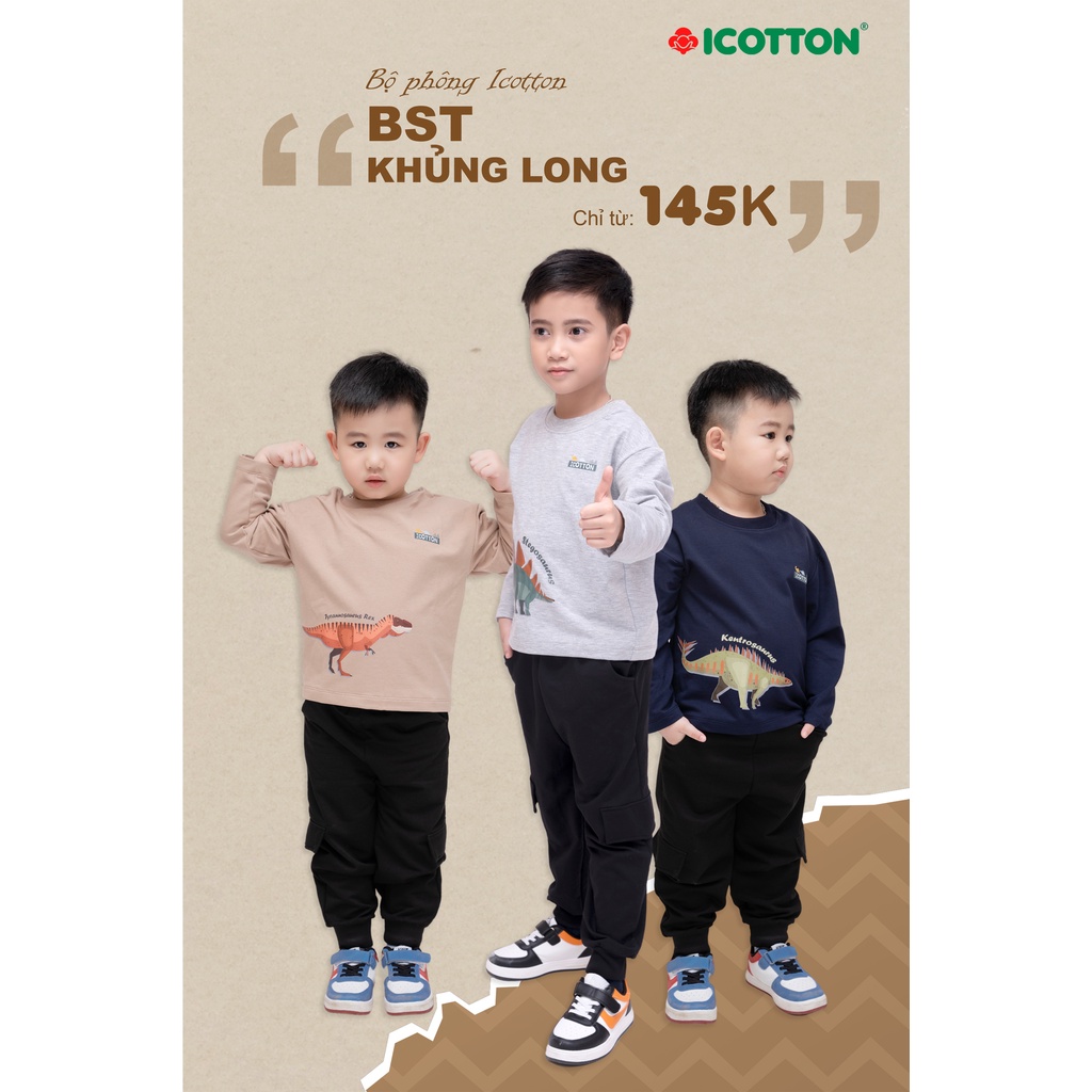 Bộ thu đông cho bé trai từ 1 đến 10 tuổi họa tiết khủng long màu Ghi