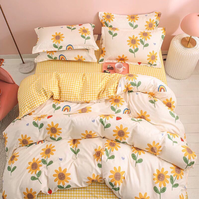 Bộ chăn ga Cotton Poly hoa vàng phối caro mẫu mới - Hàng nhập khẩu ( Kèm Ảnh thật do shop tự chụp )