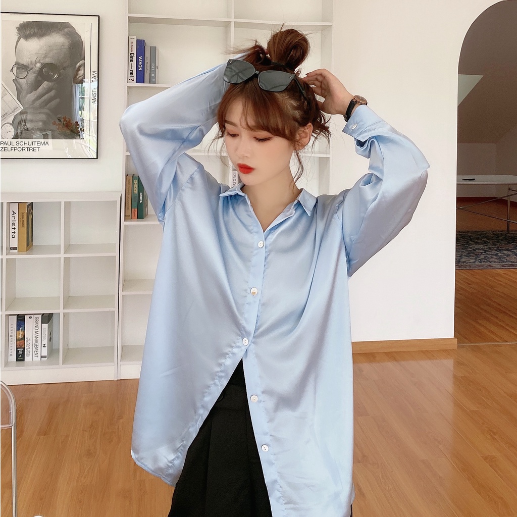 Áo sơ mi SUXI tay dài màu trơn dáng rộng hợp thời trang cho nữ