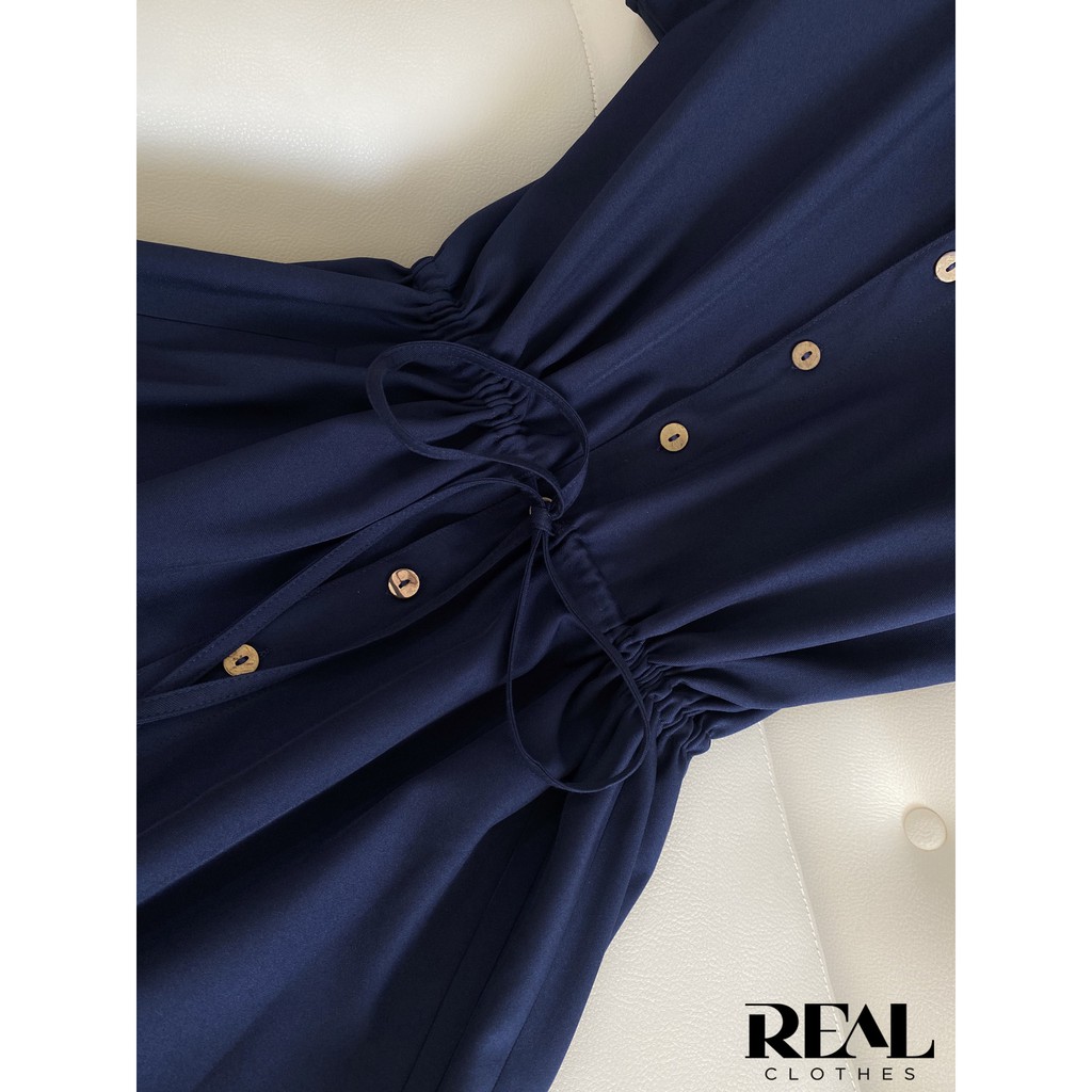 Đầm sơ mi rút dây xanh navy_REAL