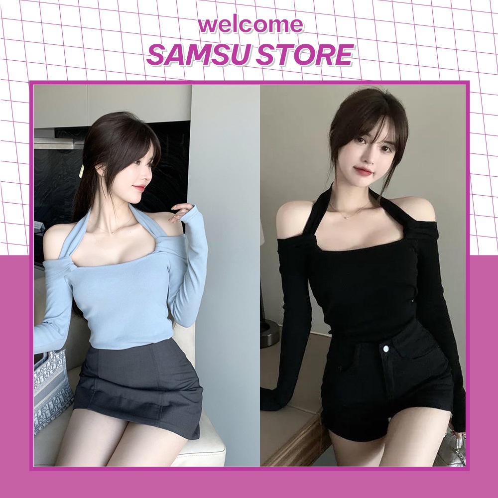Áo trễ vai nữ ❤️ Áo len mỏng dài tay kèm dây yếm dáng ôm sexy co giãn phong cách Ulzzang