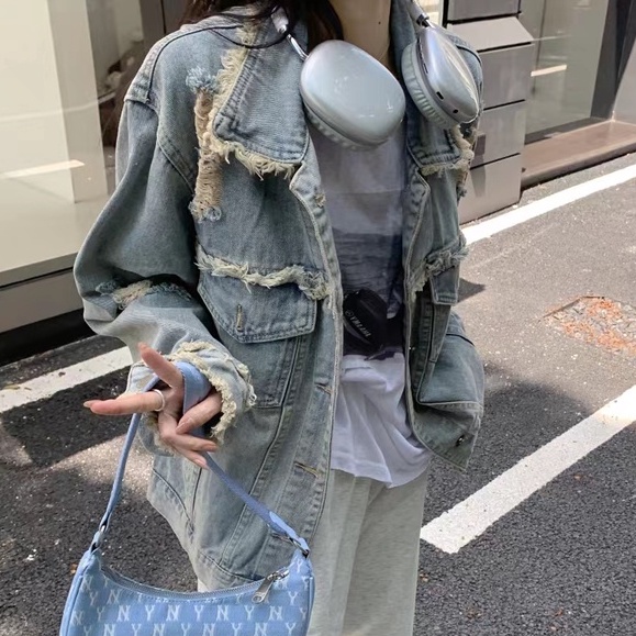 ZHELIHANGFEI Áo Khoác Denim Dài Tay Dáng Rộng Phối Túi Cá Tính Theo Phong Cách Retro Mỹ
