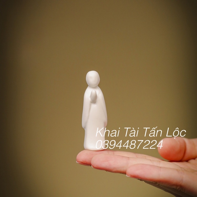 Bộ 2 tượng sư thầy và chú tiểu tí hon cao 5cm gốm sứ trắng