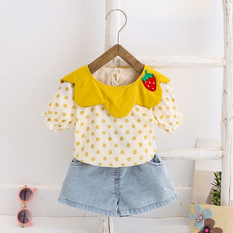 Không-5 Cái thẻ nữ trang phục trang phục thời trang yêu vải sợi dâu tây In sơ mi quần áo ngắn quần áo quần jeans | BigBuy360 - bigbuy360.vn