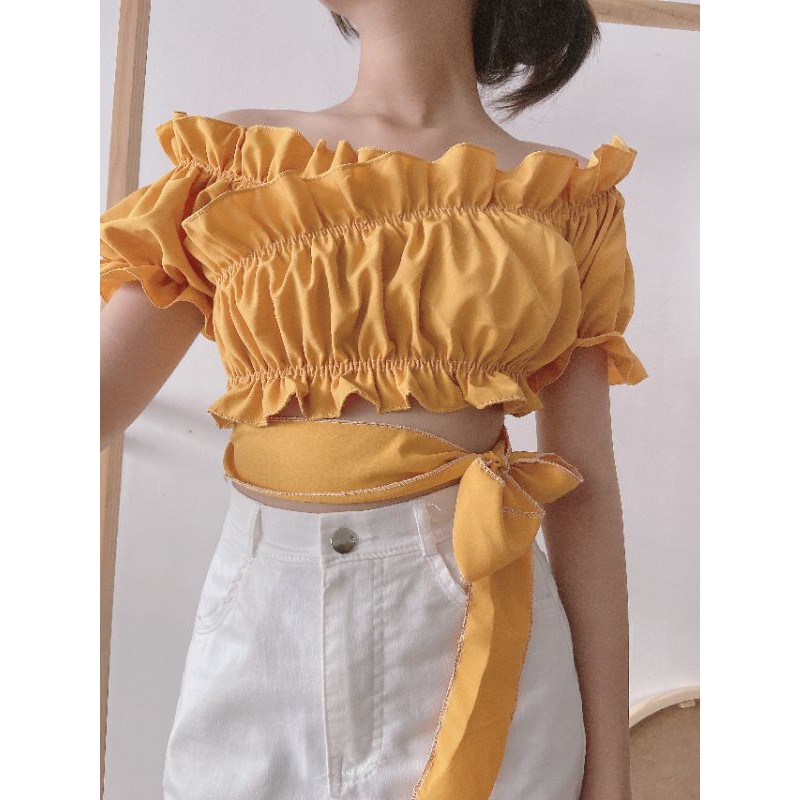 Áo Croptop Đắp Chéo Nơ Eo - Áo Croptop Cổ Chữ V Bèo Thân Buộc Nơ LaCa