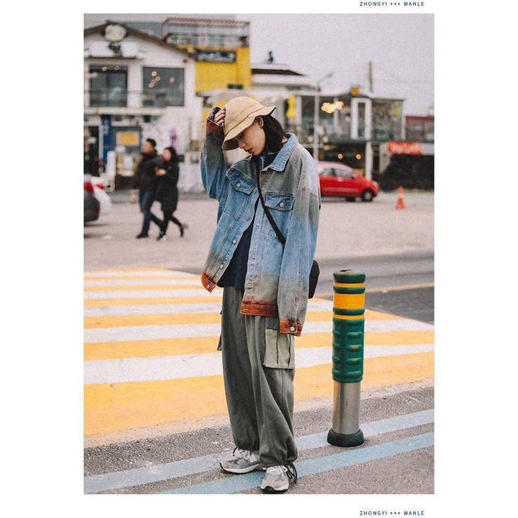 Áo Khoác Denim Dáng Rộng Màu Gradient Phong Cách Nhật Hàn Thời Trang Xuân Thu Cho Nữ