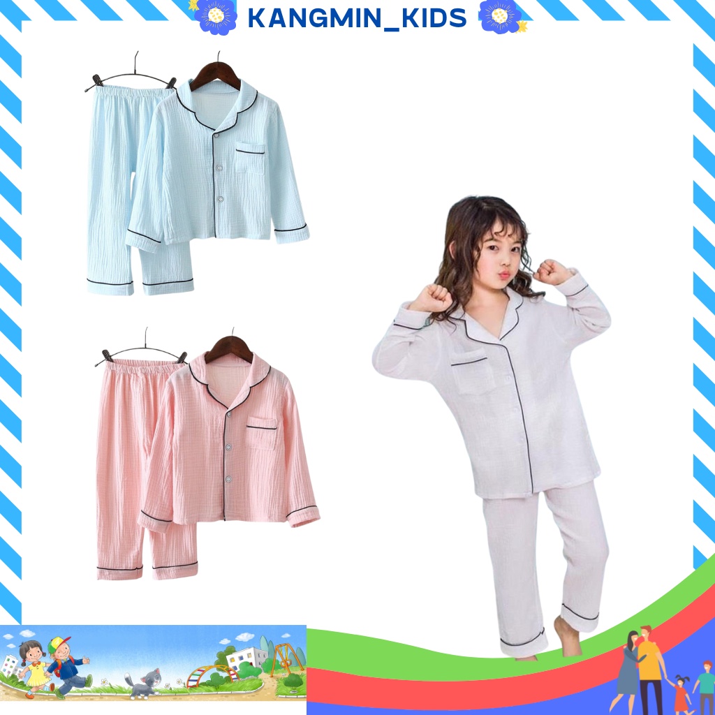 Bộ pijama cho bé trai gái Kangmin-Kids, bộ đồ ngủ pizama cho bé trai bé gái PMDO1 chất đũi không nhăn siêu mềm từ 7-28kg
