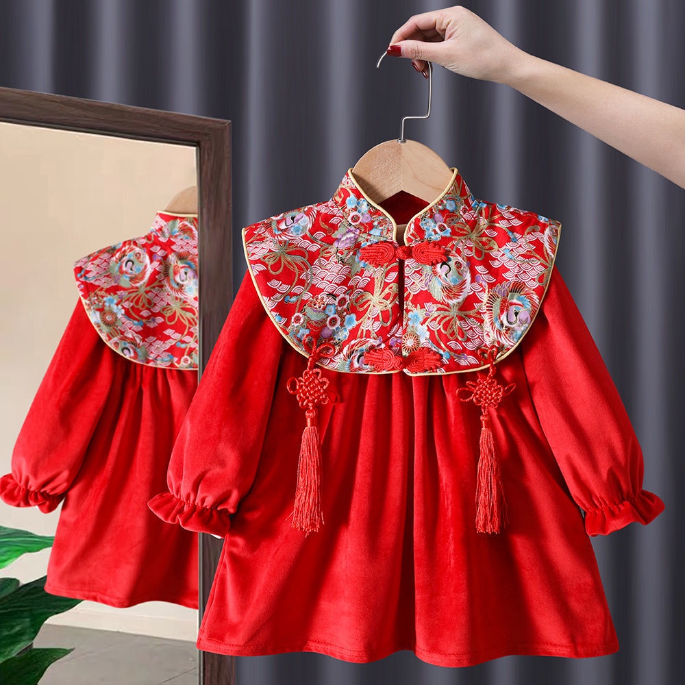Đầm Sườn Xám Bằng Lông Cừu Thời Trang Năm Mới Cho Bé Gái 1-6 Tuổi
