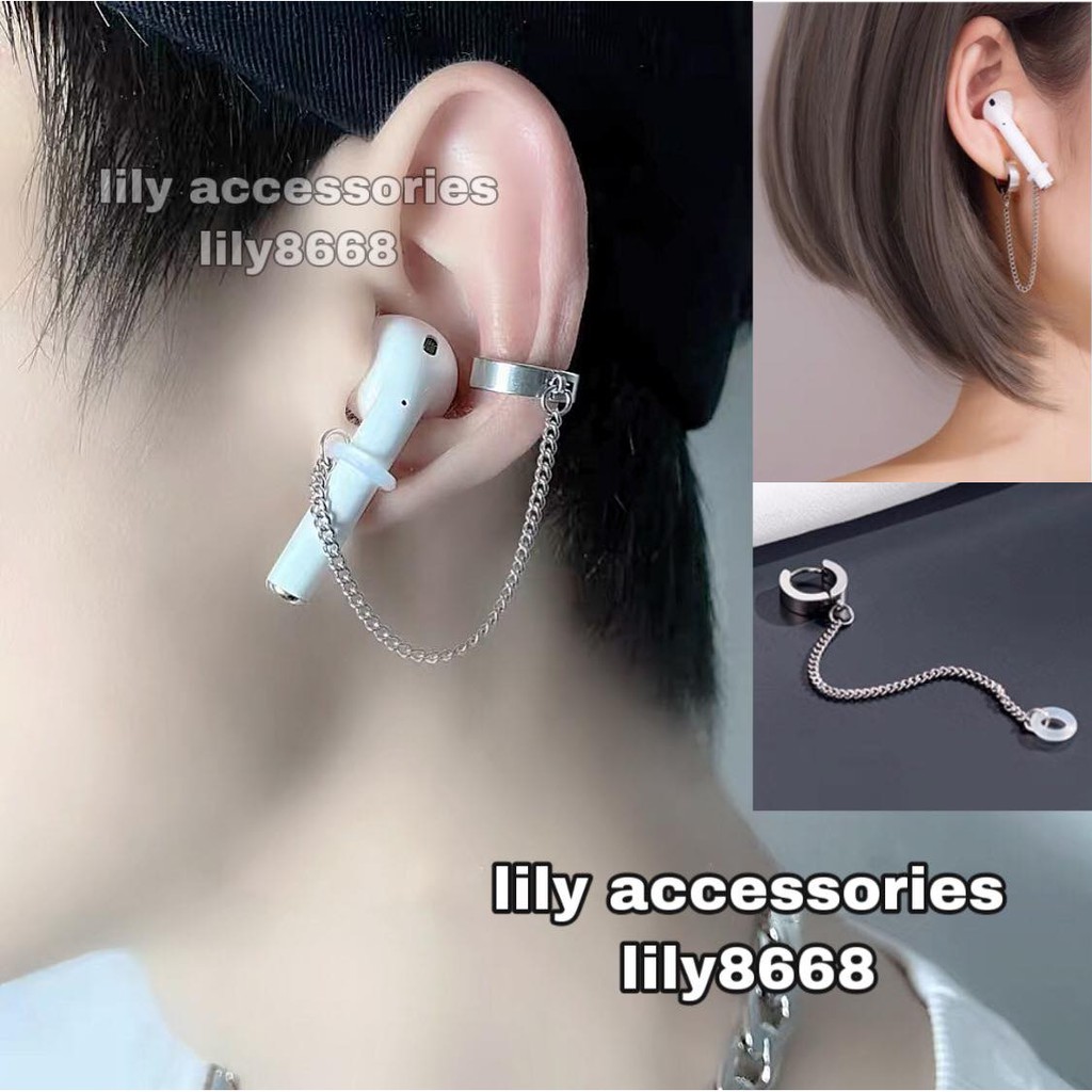 khuyên tai và kẹp tai titan dây xích giúp giữ AIRPOD chống lạc và chống rơi không gỉ không đen