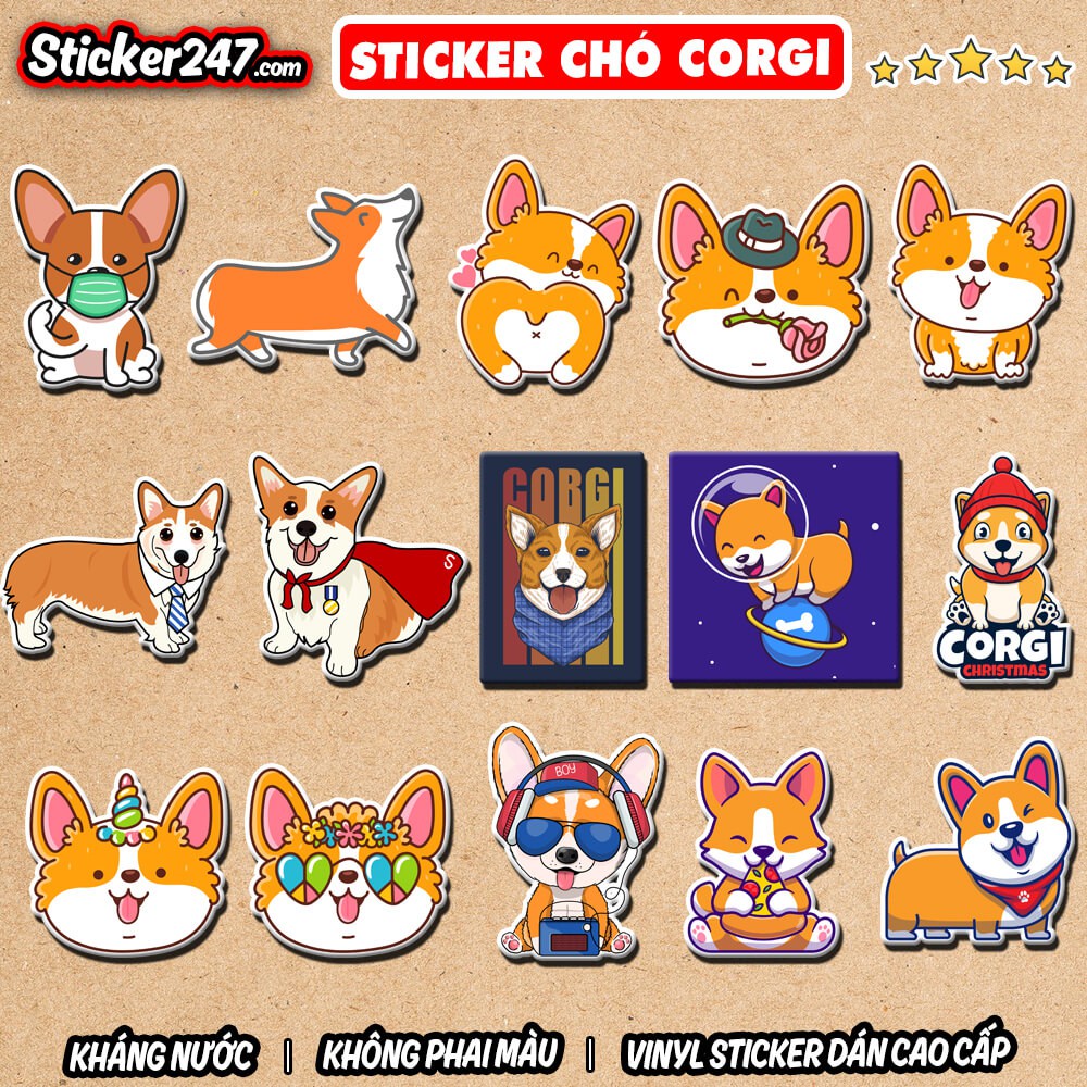 Sticker Corgi chống nước 🌈𝑭𝒓𝒆𝒆𝒔𝒉𝒊𝒑 sticker hình dán laptop, điện thoại, đàn guitar, dán mũ bảo hiểm, vali - Sticker247