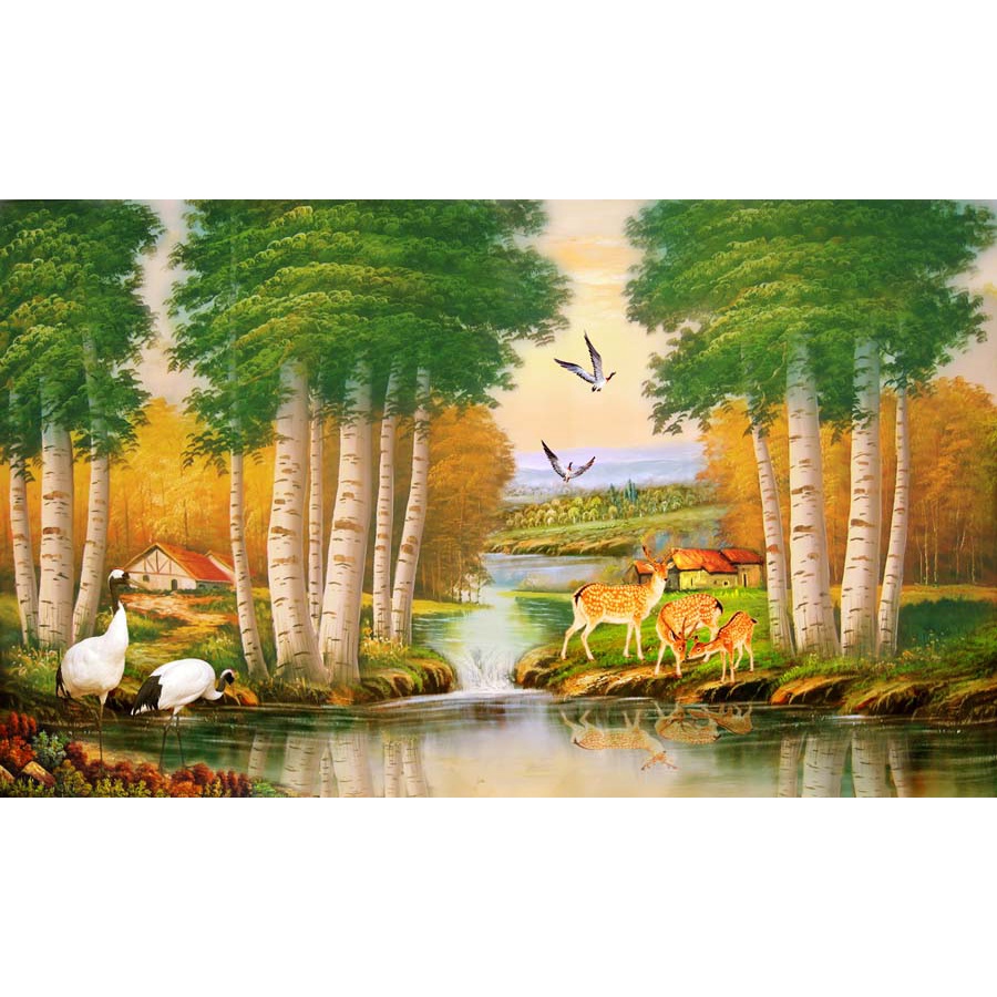 Tranh Đồng Quê Việt Nam Lụa 3D Cao Cấp Dán Tường phong cảnh hữu tình, non xanh nước biếc hình ảnh sắc net, không lo phai