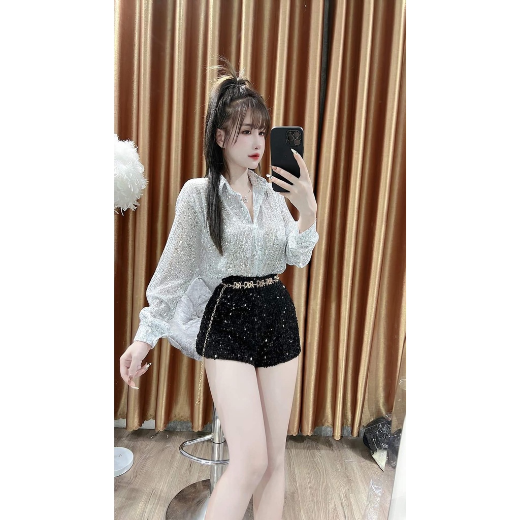 SET LOẠI 1 hotgirl sexy đi tiệc bar quần đùi short kim sa áo sơ mi tay dài trend lấp lánh